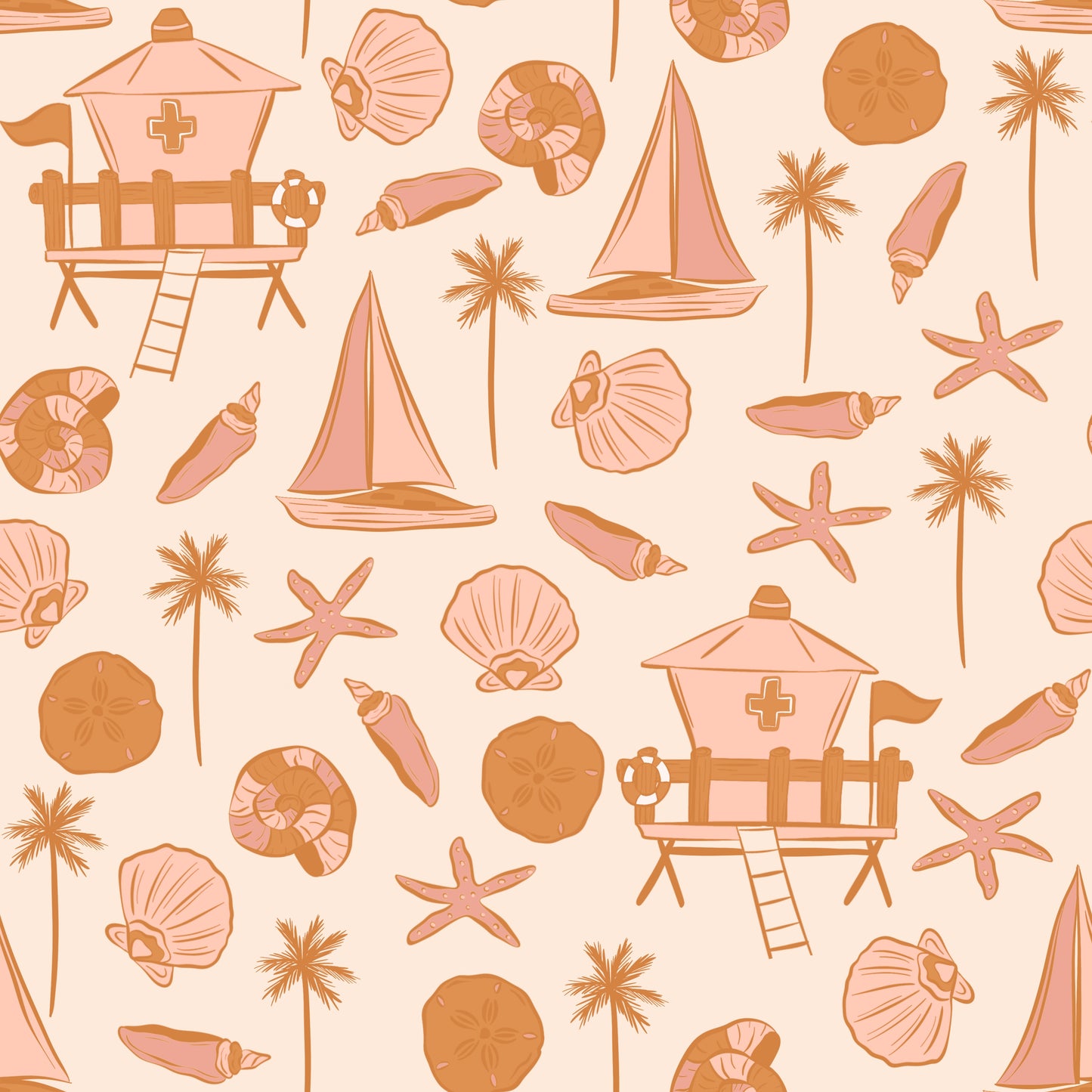 Seaside pattern with lifeguard towers, palm trees, and shells on a light beige background