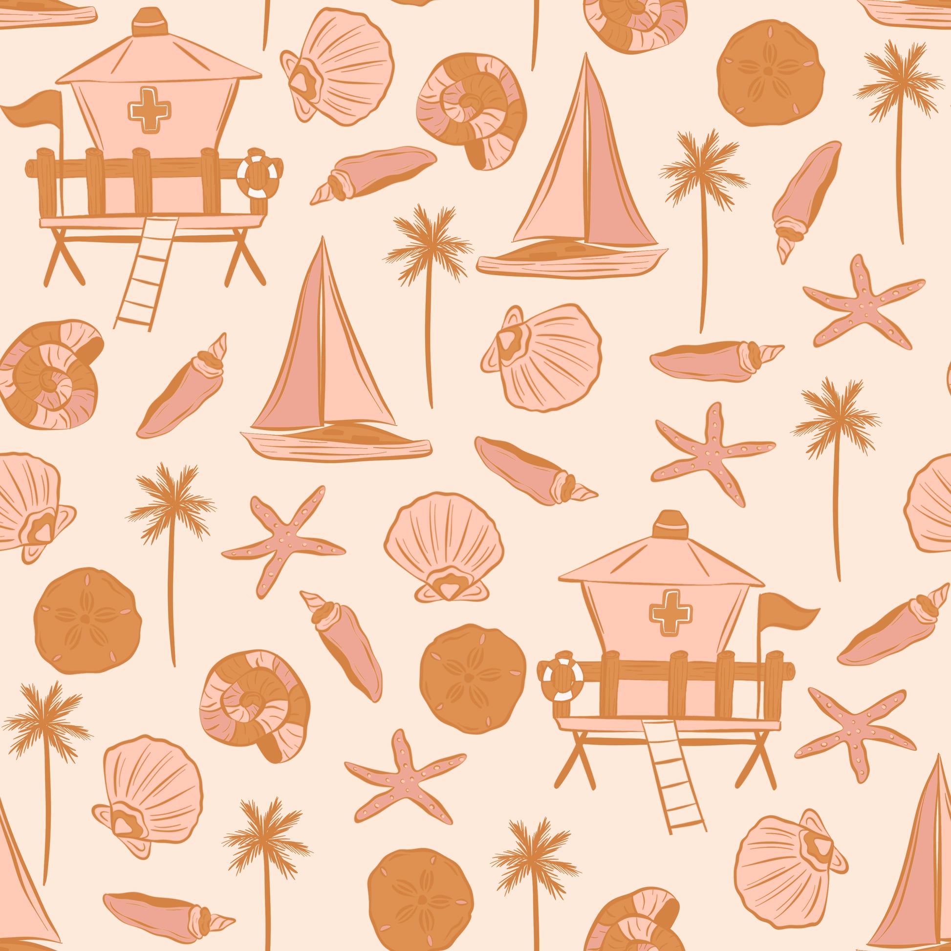 Seaside pattern with lifeguard towers, palm trees, and shells on a light beige background