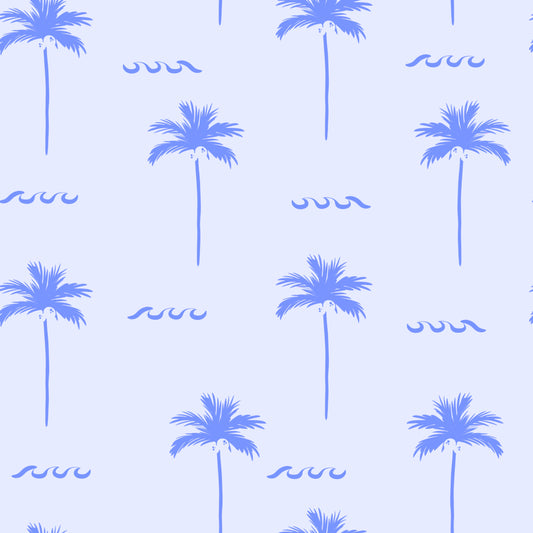 Pattern of blue palm trees and wavy lines on a light blue-purple background