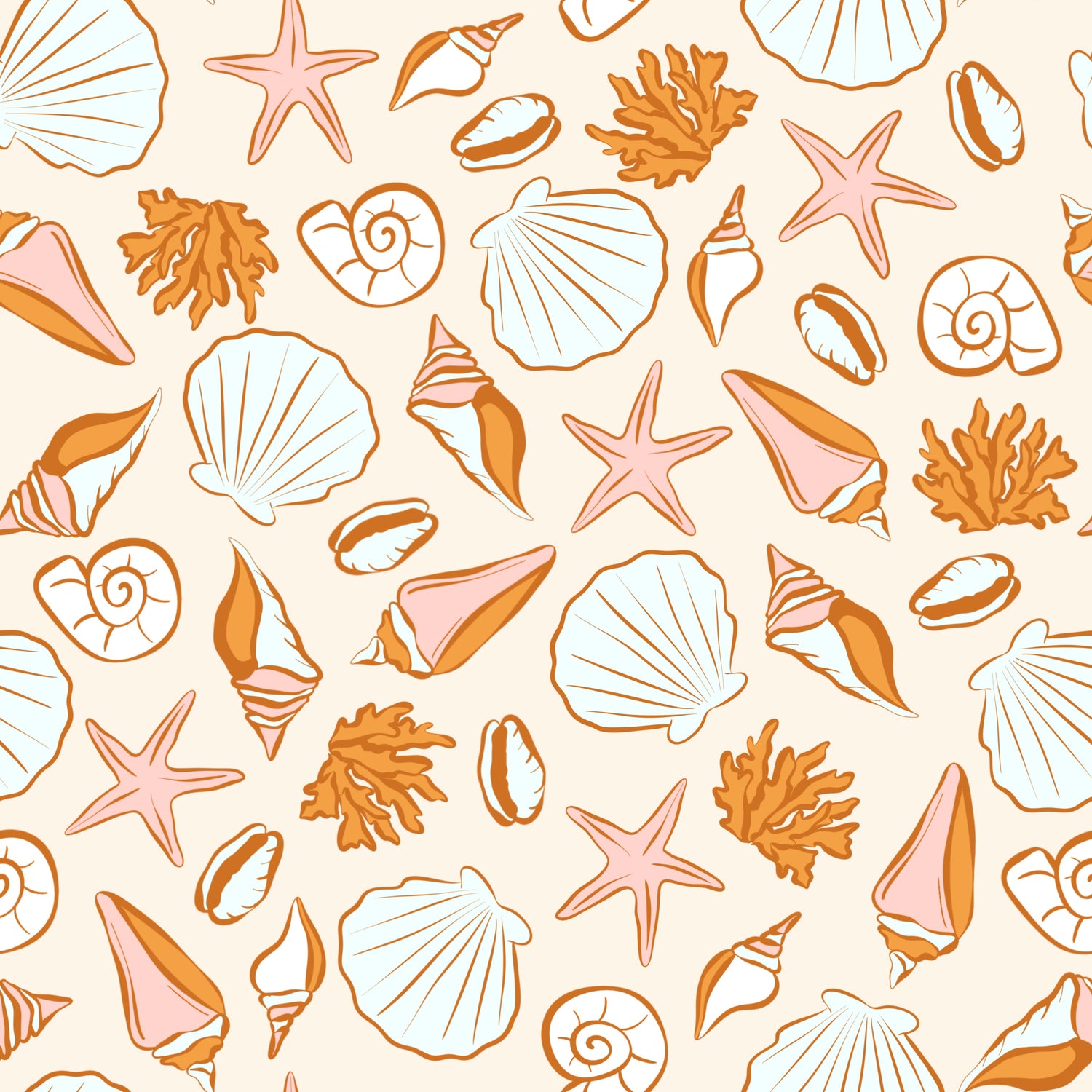 Seashell and starfish pattern on a beige background