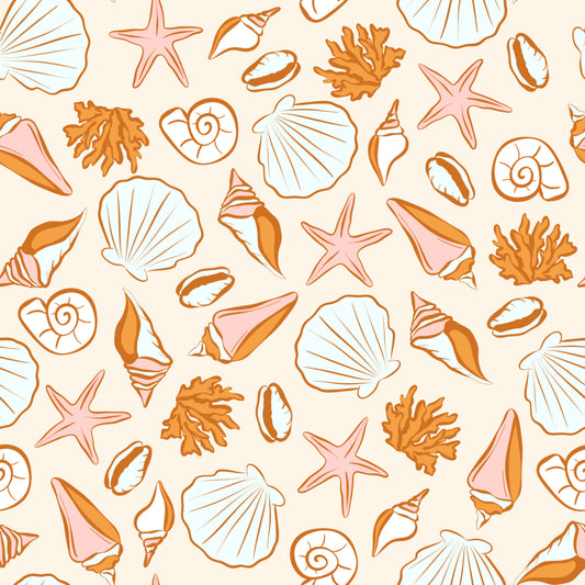 Seashell and starfish pattern on a beige background