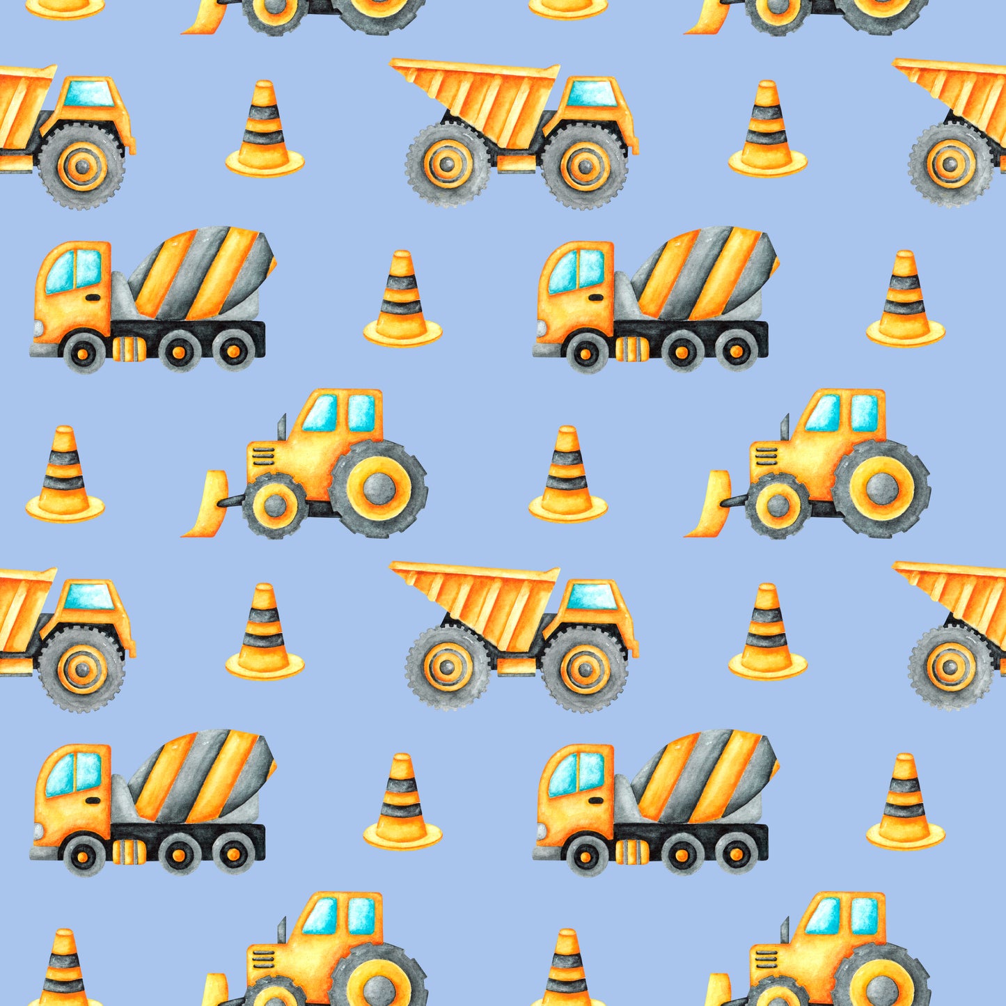 Pattern of construction vehicles and traffic cones on a blue background