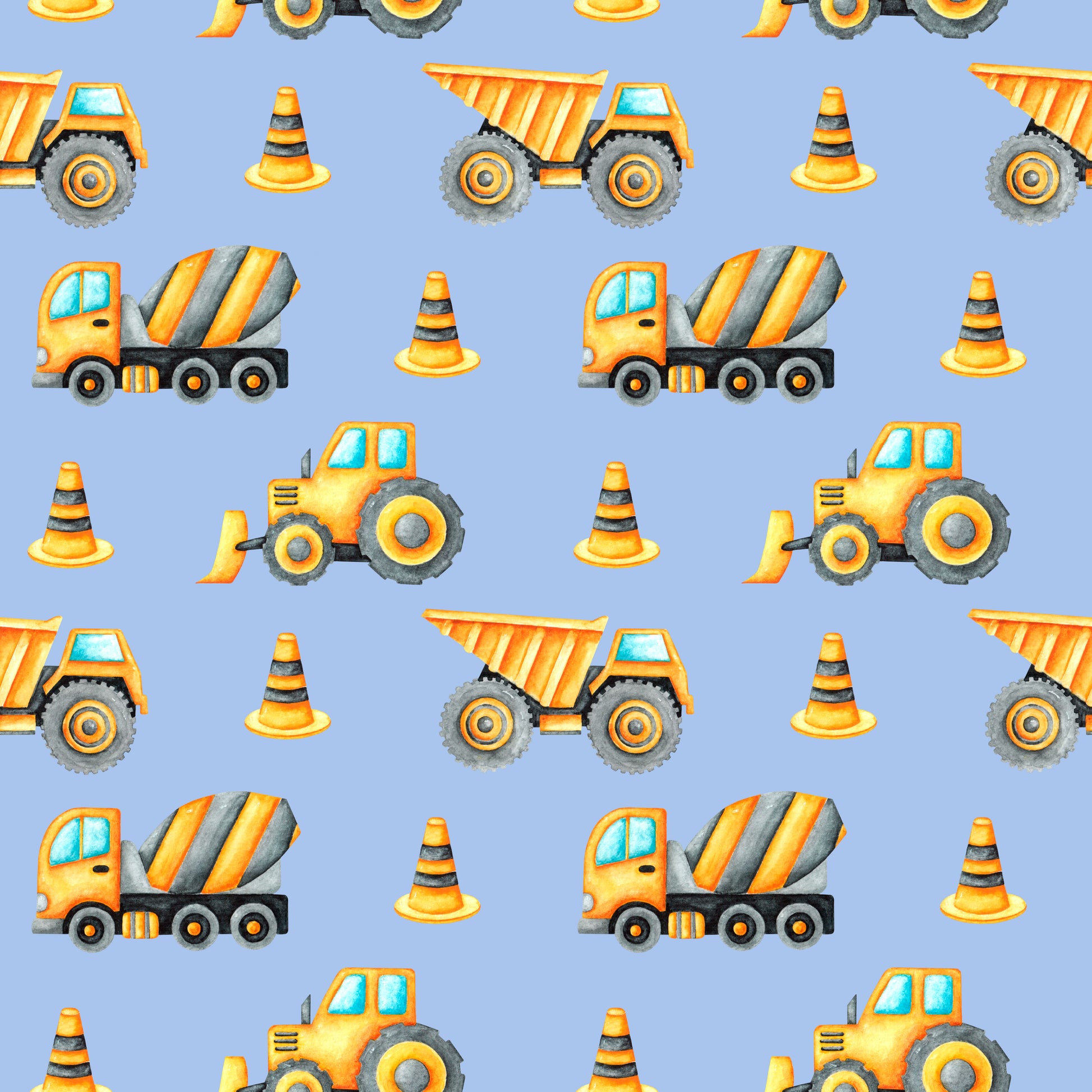 Pattern of construction vehicles and traffic cones on a blue background