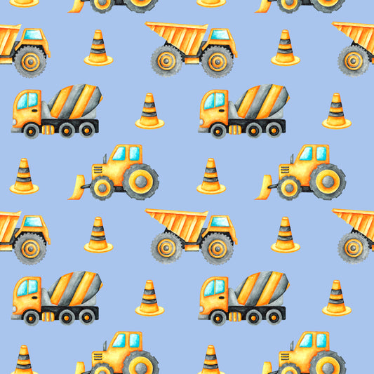 Pattern of construction vehicles and traffic cones on a blue background