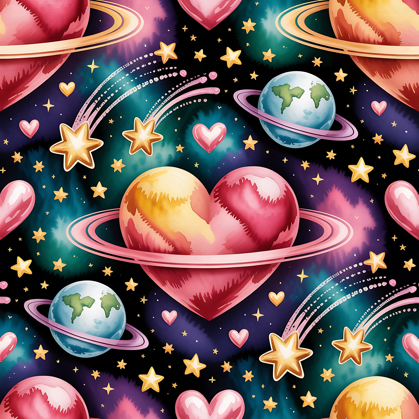 Colorful pattern of hearts, planets, and stars on a dark background