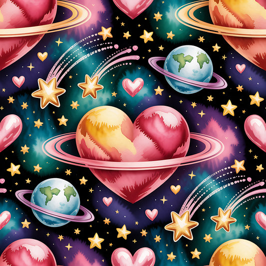 Colorful pattern of hearts, planets, and stars on a dark background