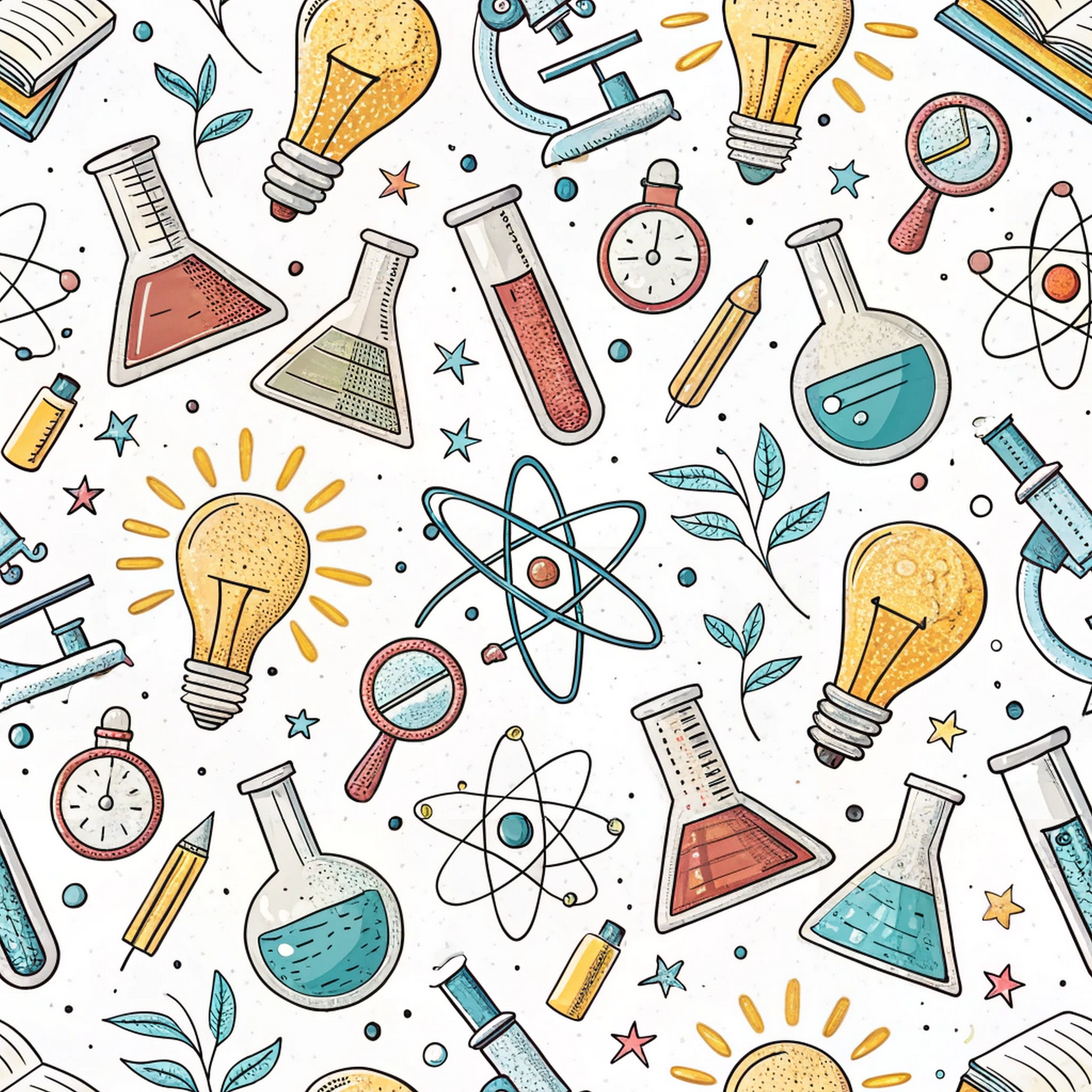 Scientific pattern with light bulbs, beakers, and atom symbols on a white background