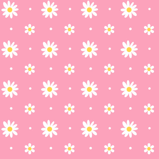 Pattern of white daisies with yellow centers on a pink background