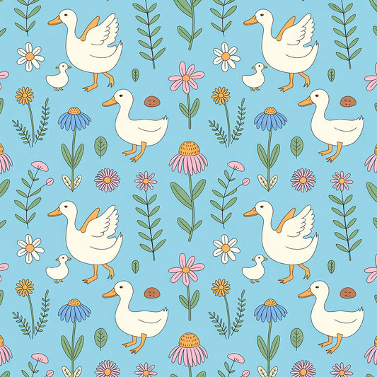 Pattern of ducks and flowers on a blue background
