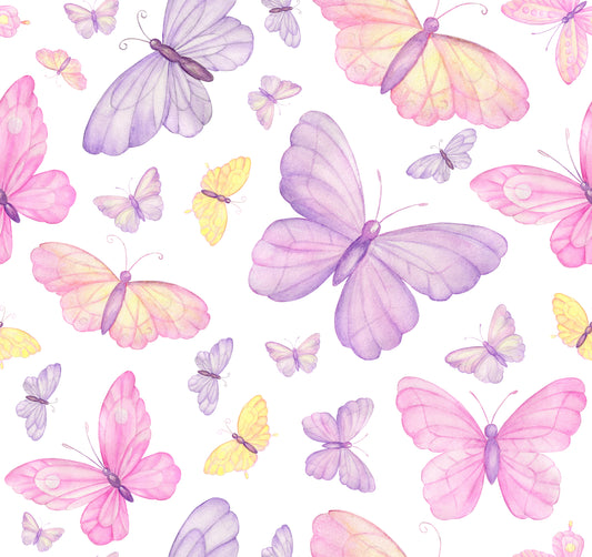 Pattern of colorful butterflies on a white background
