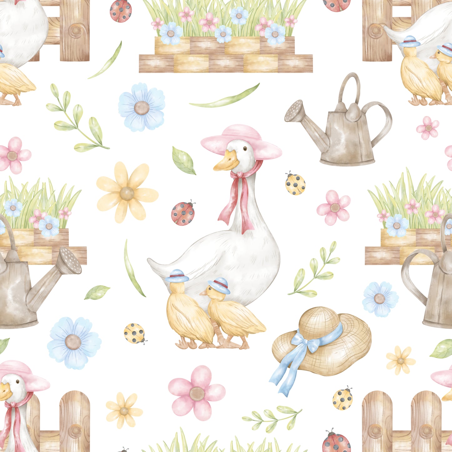 Pattern of ducks, flowers, and gardening elements on a white background