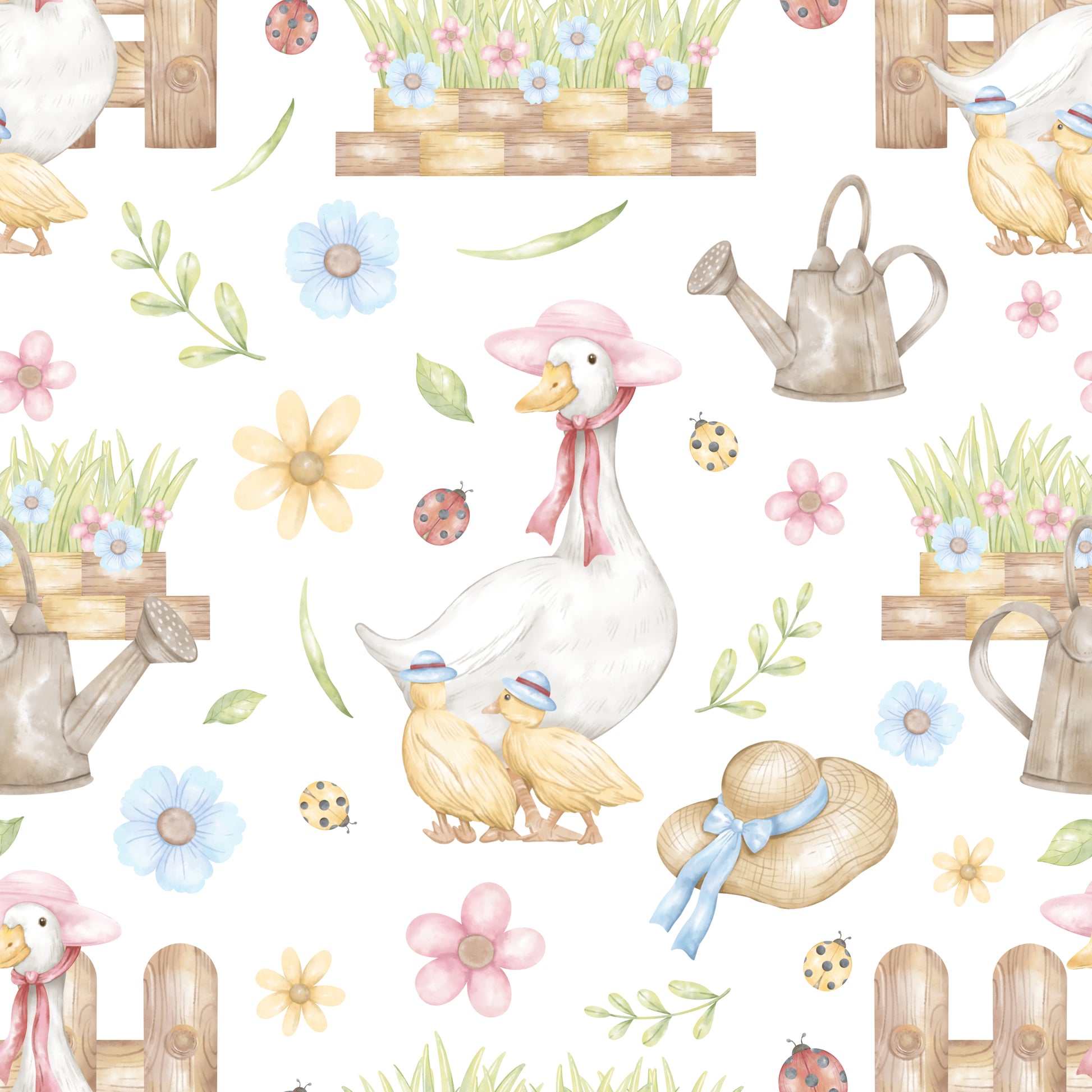 Pattern of ducks, flowers, and gardening elements on a white background