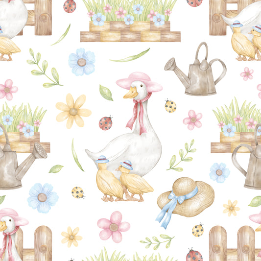 Pattern of ducks, flowers, and gardening elements on a white background
