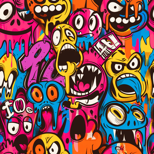 Colorful pattern of cartoonish monster faces with exaggerated expressions.