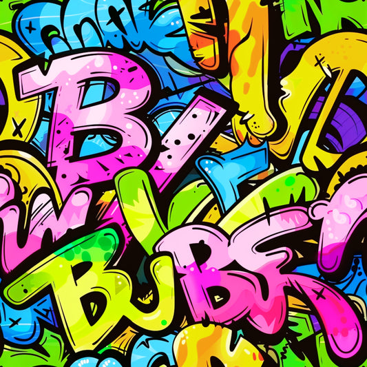 Colorful graffiti-style text with letters 'B', 'U', 'D', 'Y' on a multicolored background.