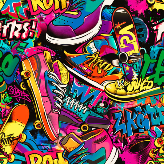 Colorful collage of skateboards and shoes with vibrant graphics and text.