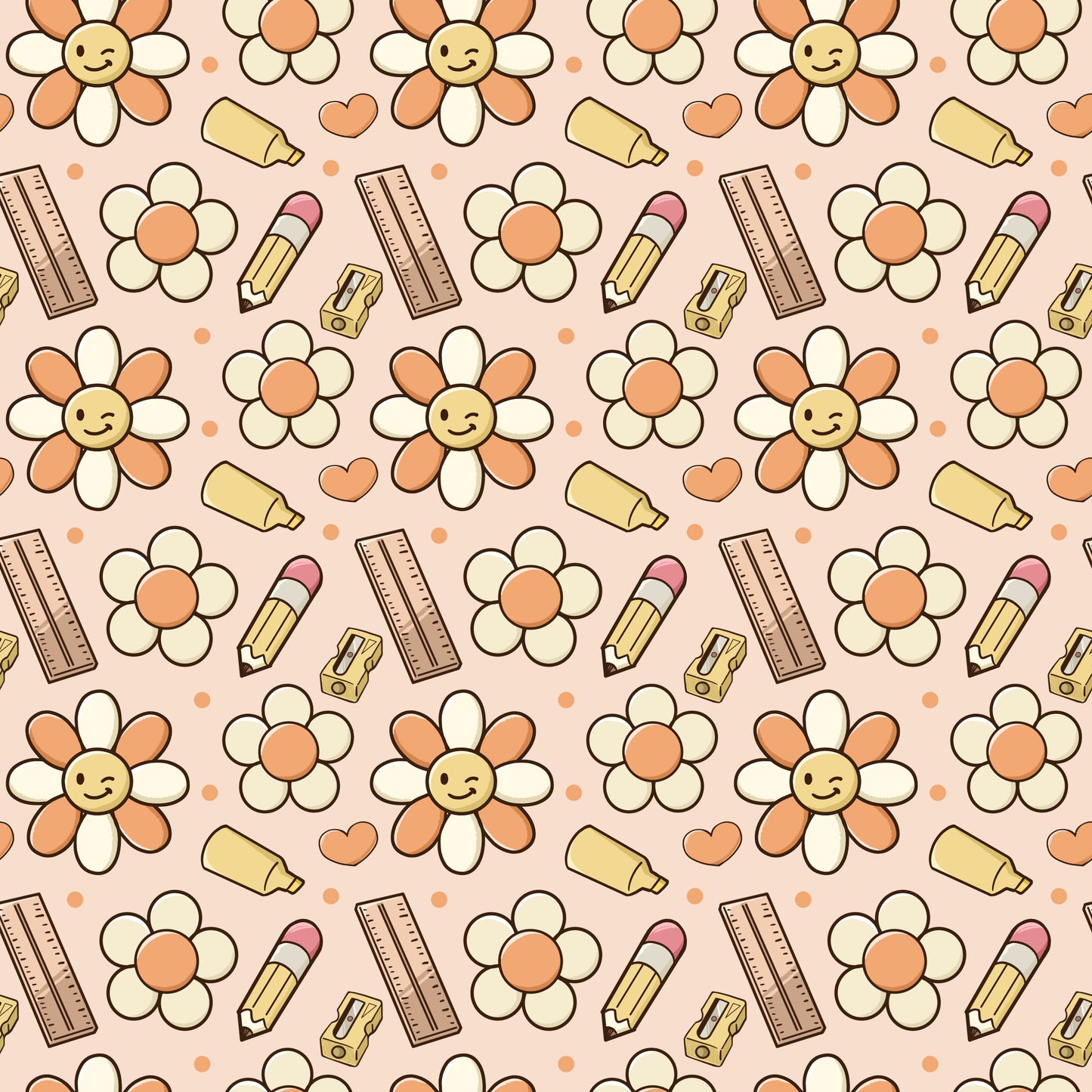 Pattern of flowers, rulers, and other items on a pink background