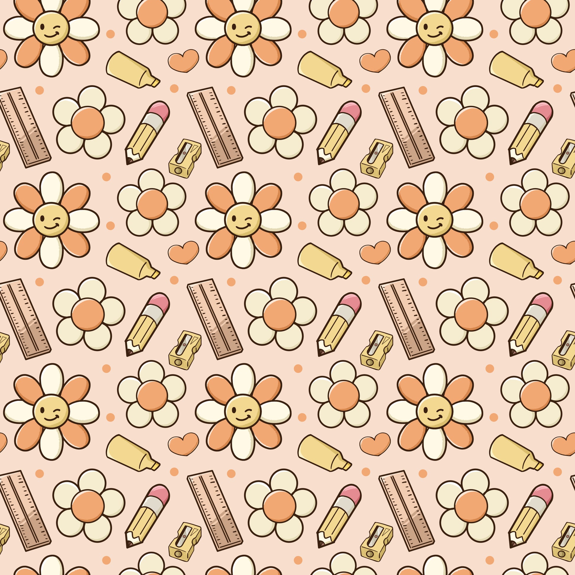 Pattern of flowers, rulers, and other items on a pink background