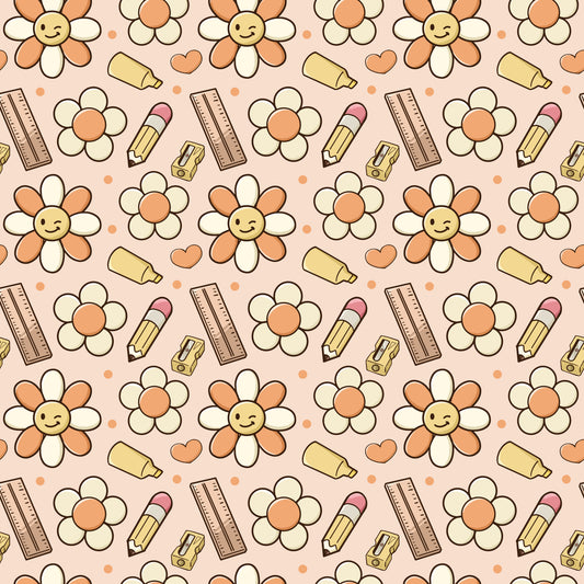 Pattern of flowers, rulers, and other items on a pink background