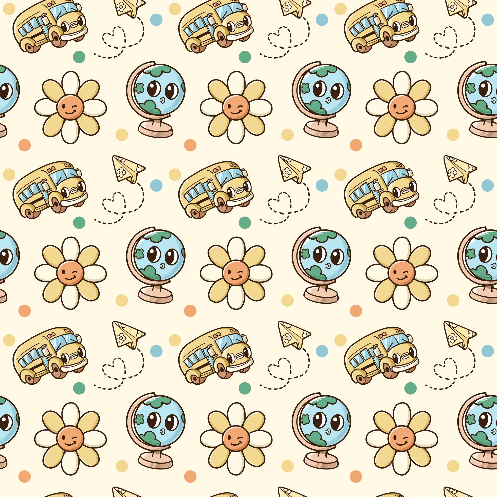 Pattern of cartoon school buses, flowers, and globes on a beige background