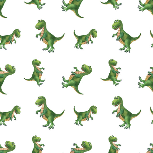Pattern of green cartoon dinosaurs on a white background