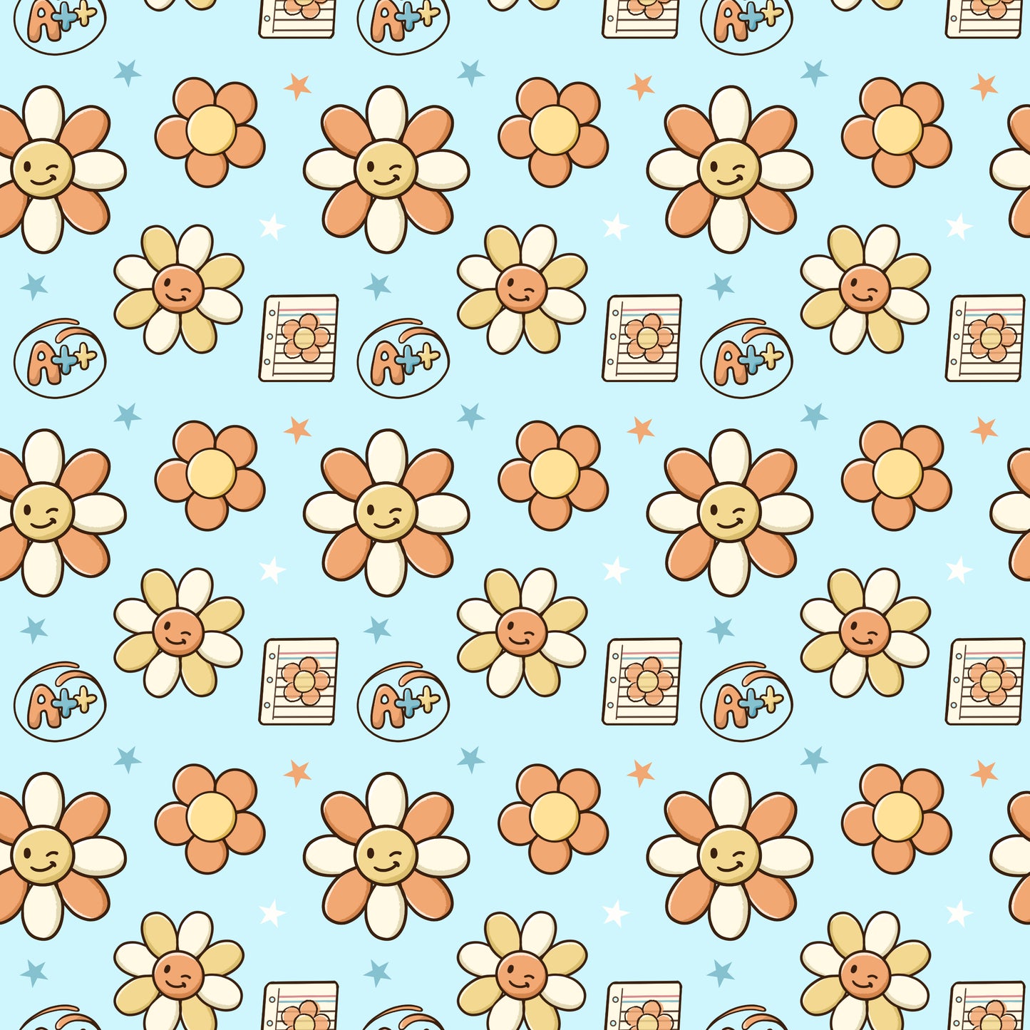 Pattern of smiling flowers and cartoonish text boxes on a light blue background