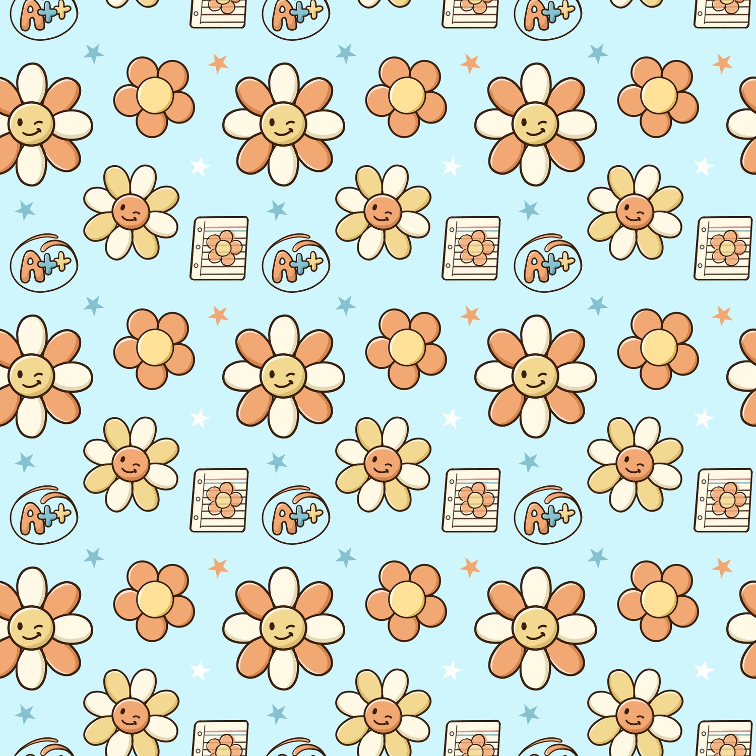 Pattern of smiling flowers and cartoonish text boxes on a light blue background