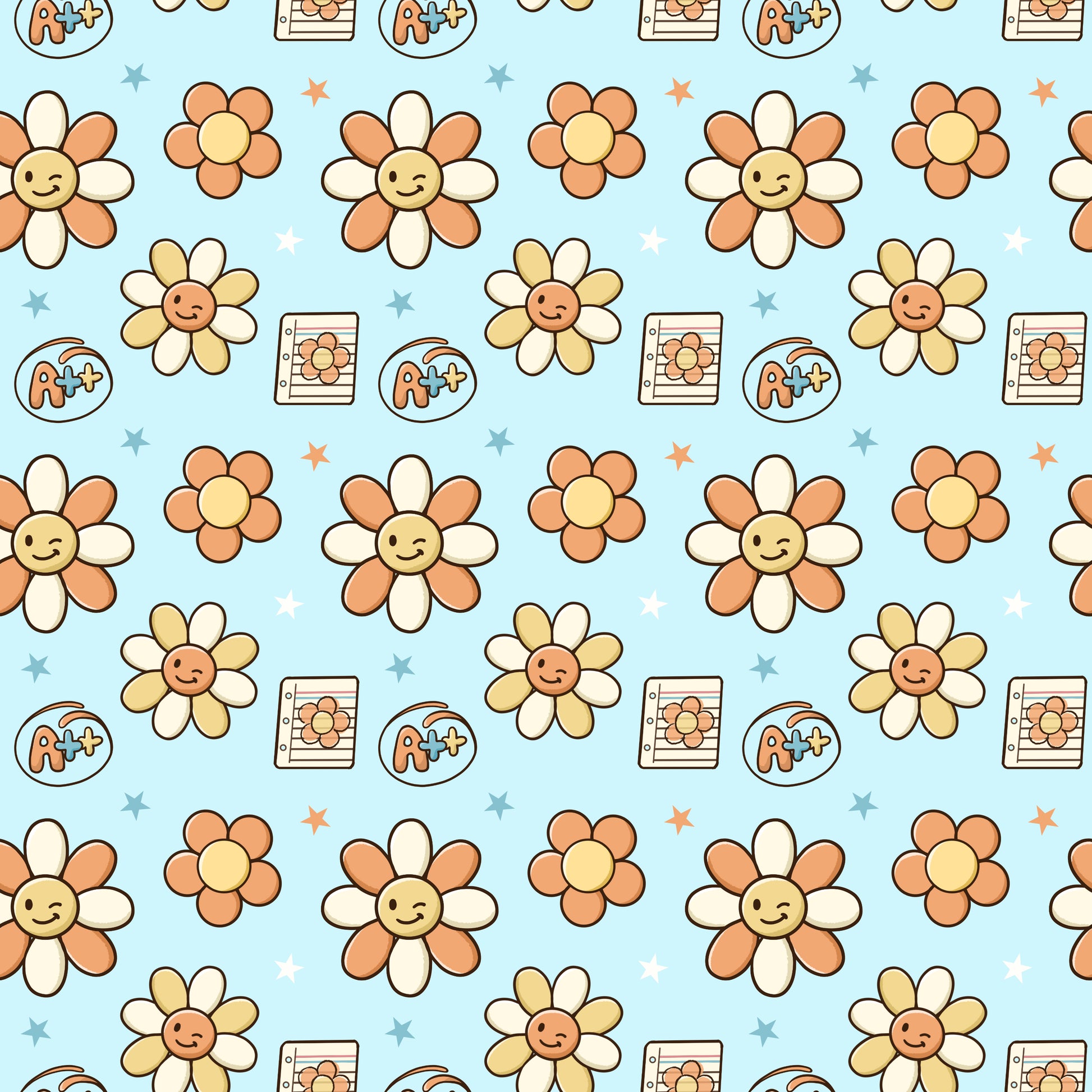 Pattern of smiling flowers and cartoonish text boxes on a light blue background