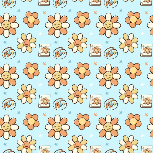 Pattern of smiling flowers and cartoonish text boxes on a light blue background