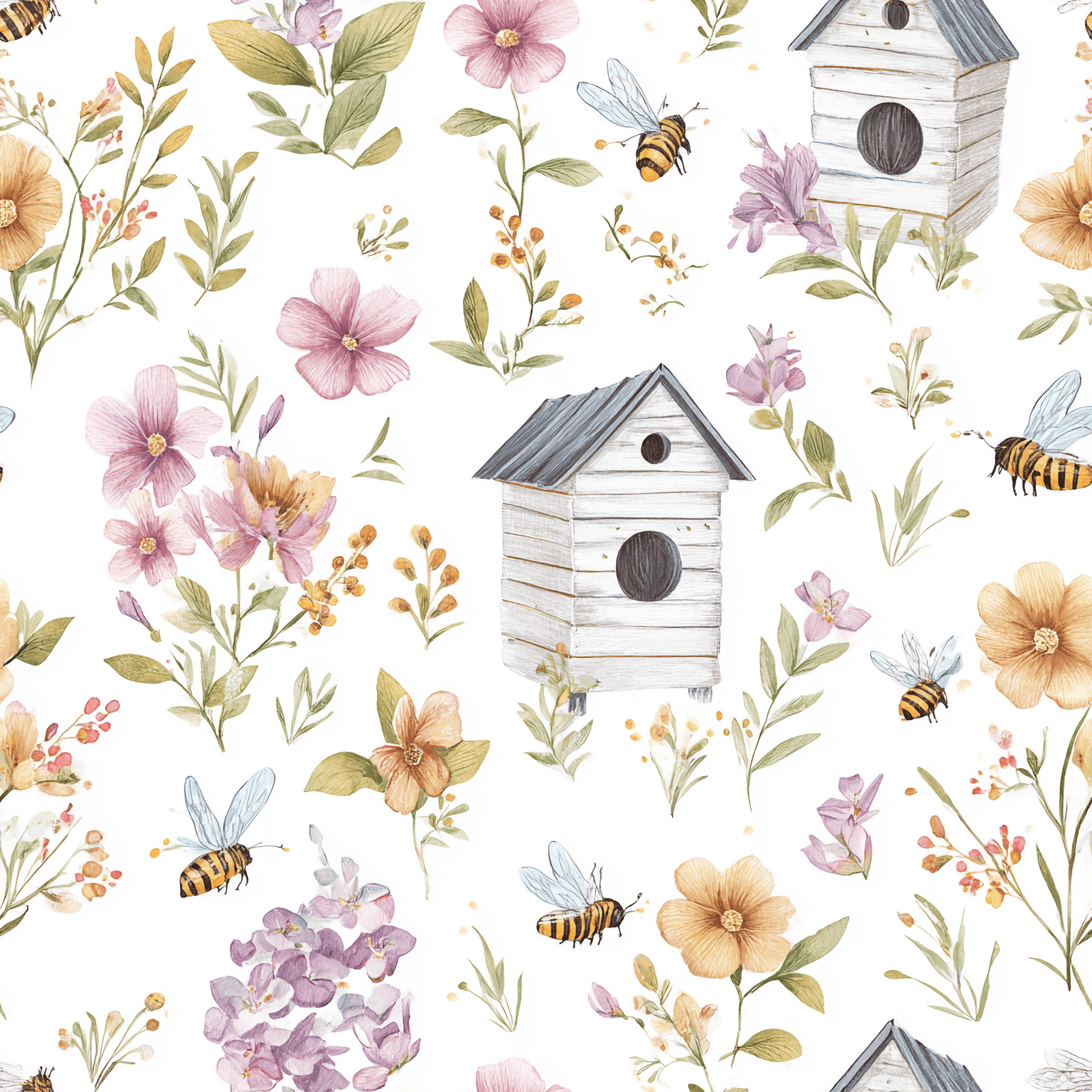 Pattern of birdhouses, flowers, and bees on a white background