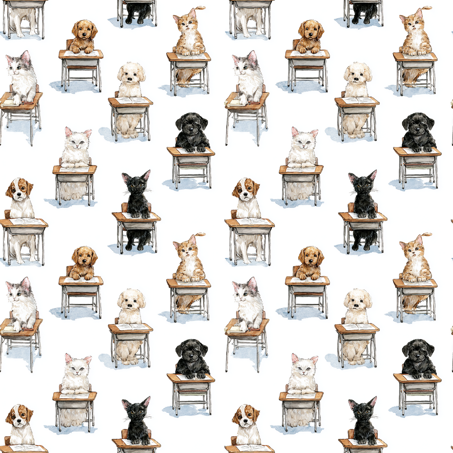 Pattern of dogs sitting on small desks on a white background