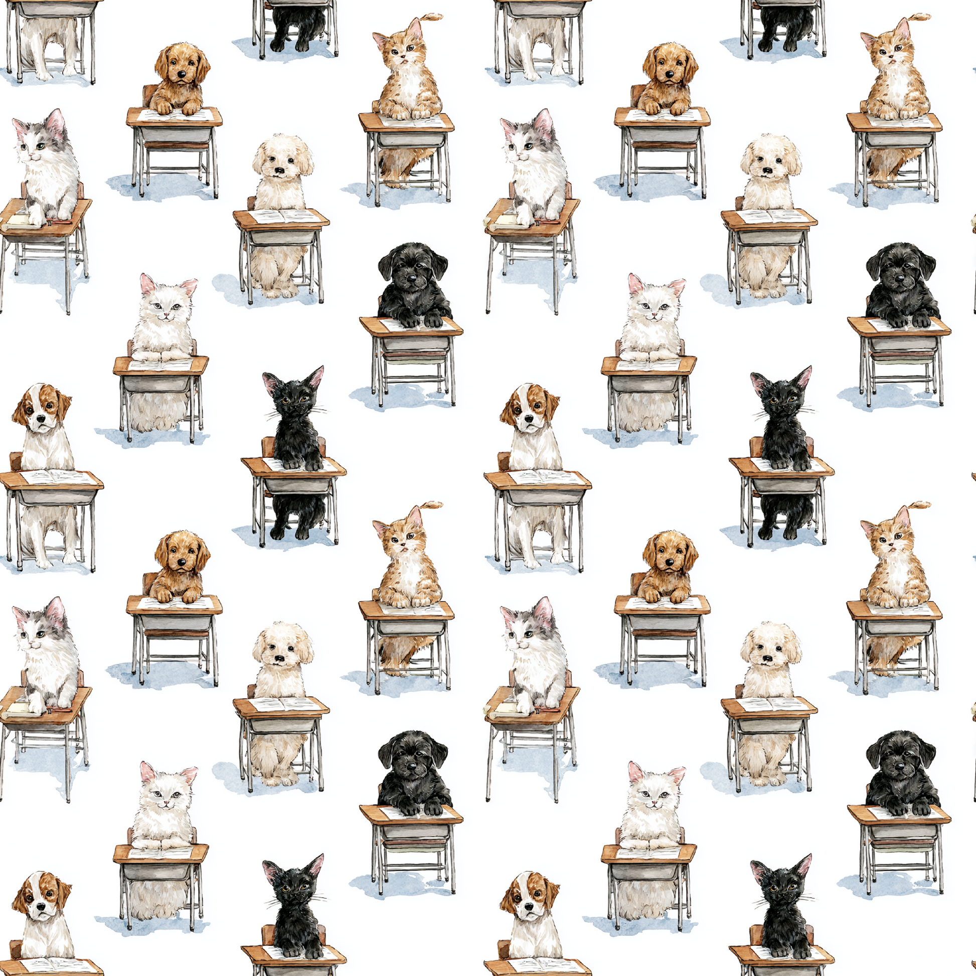 Pattern of dogs sitting on small desks on a white background