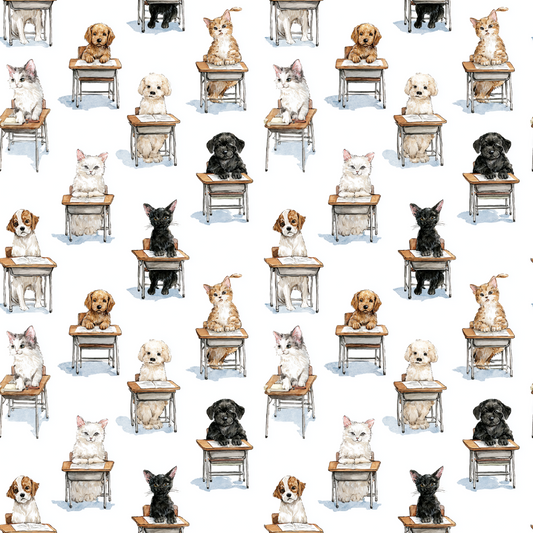 Pattern of dogs sitting on small desks on a white background