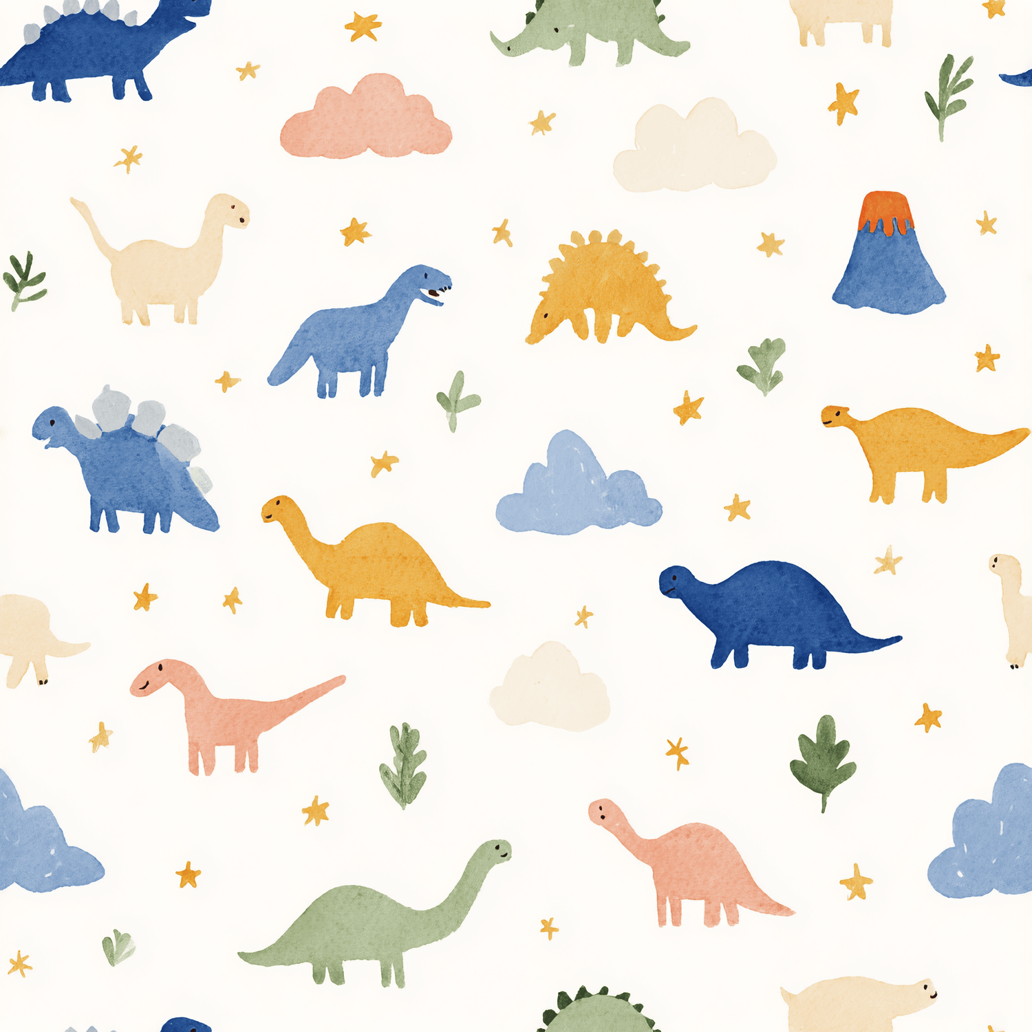 Pattern of colorful dinosaurs and clouds on a white background