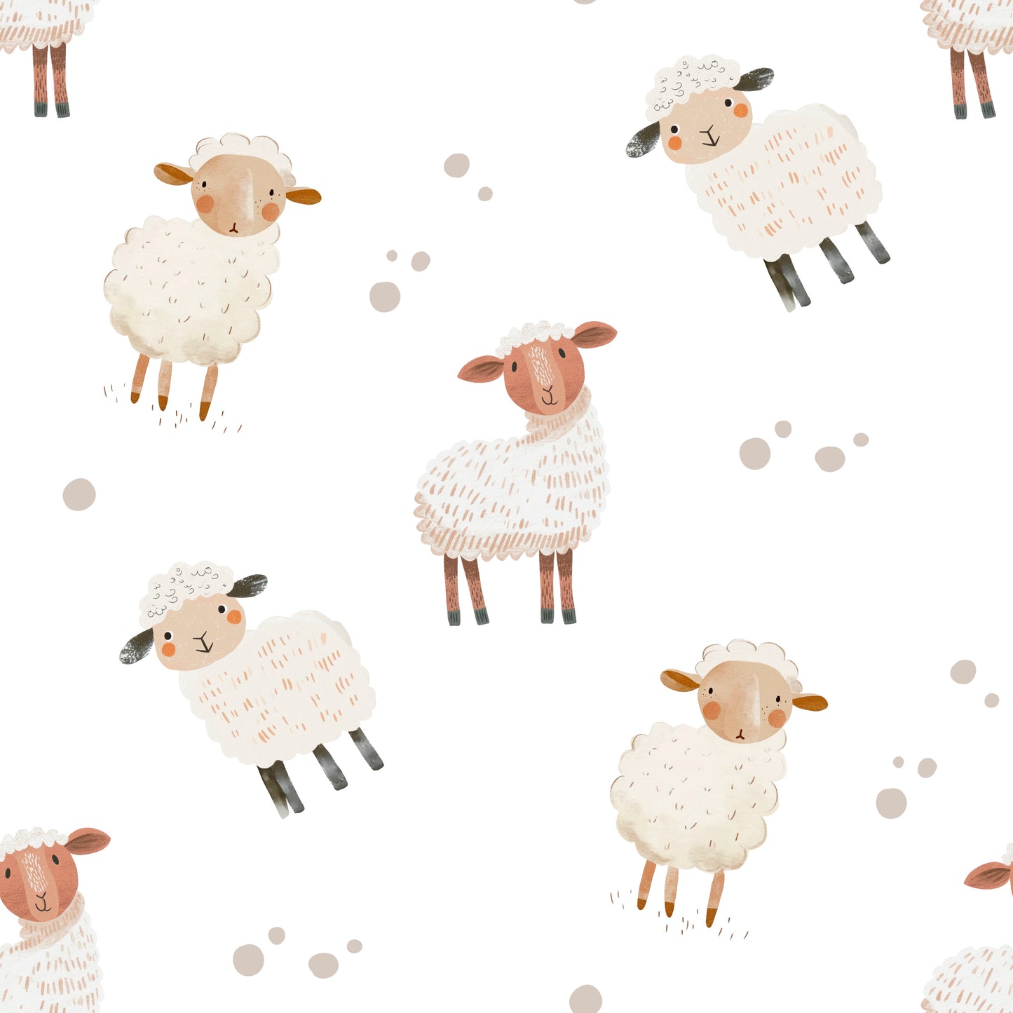 Pattern of white sheep with brown faces on a white background