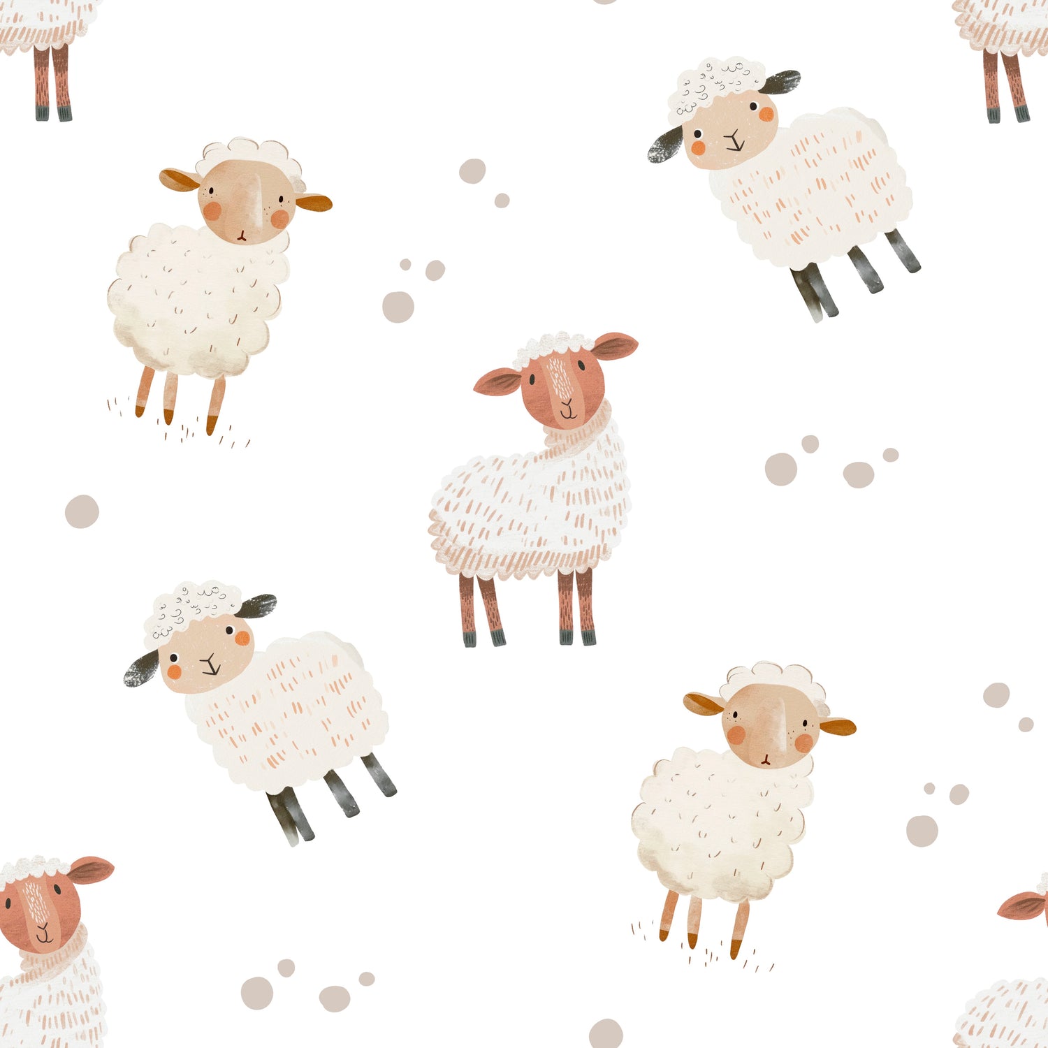 Pattern of white sheep with brown faces on a white background