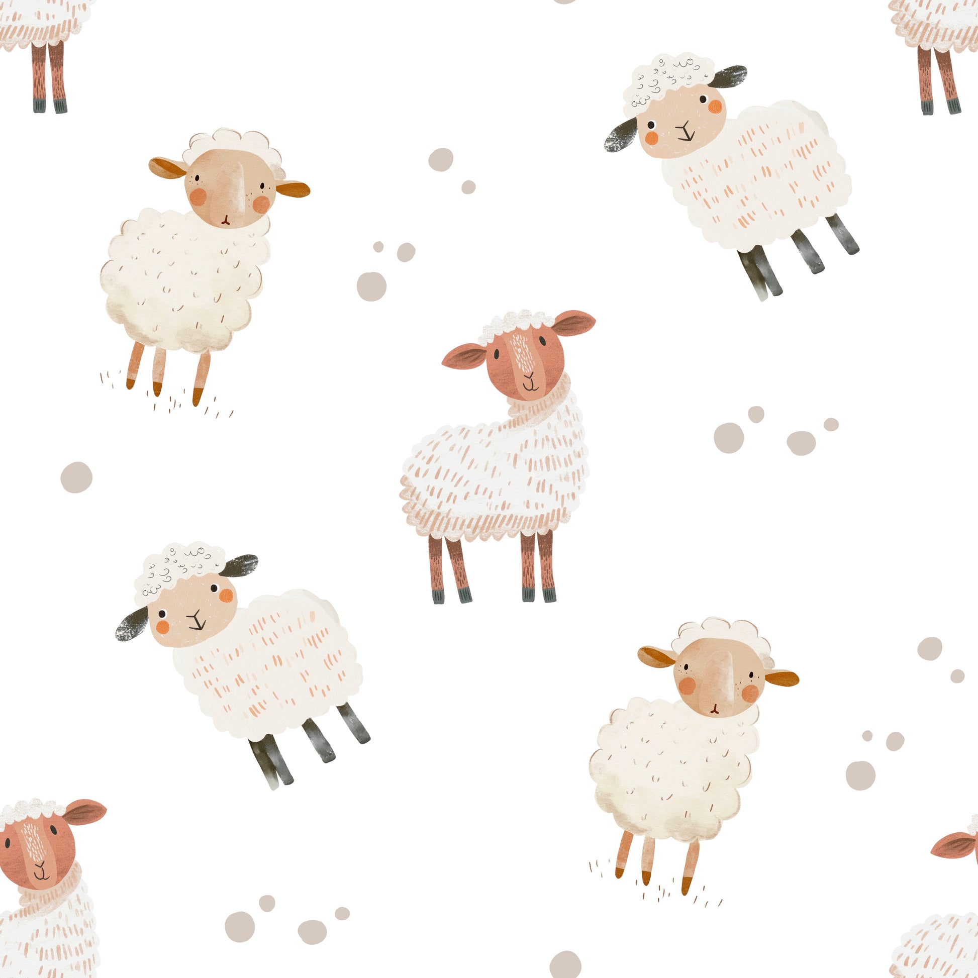 Pattern of white sheep with brown faces on a white background