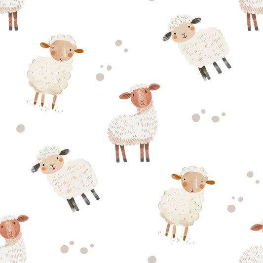 Pattern of white sheep with brown faces on a white background