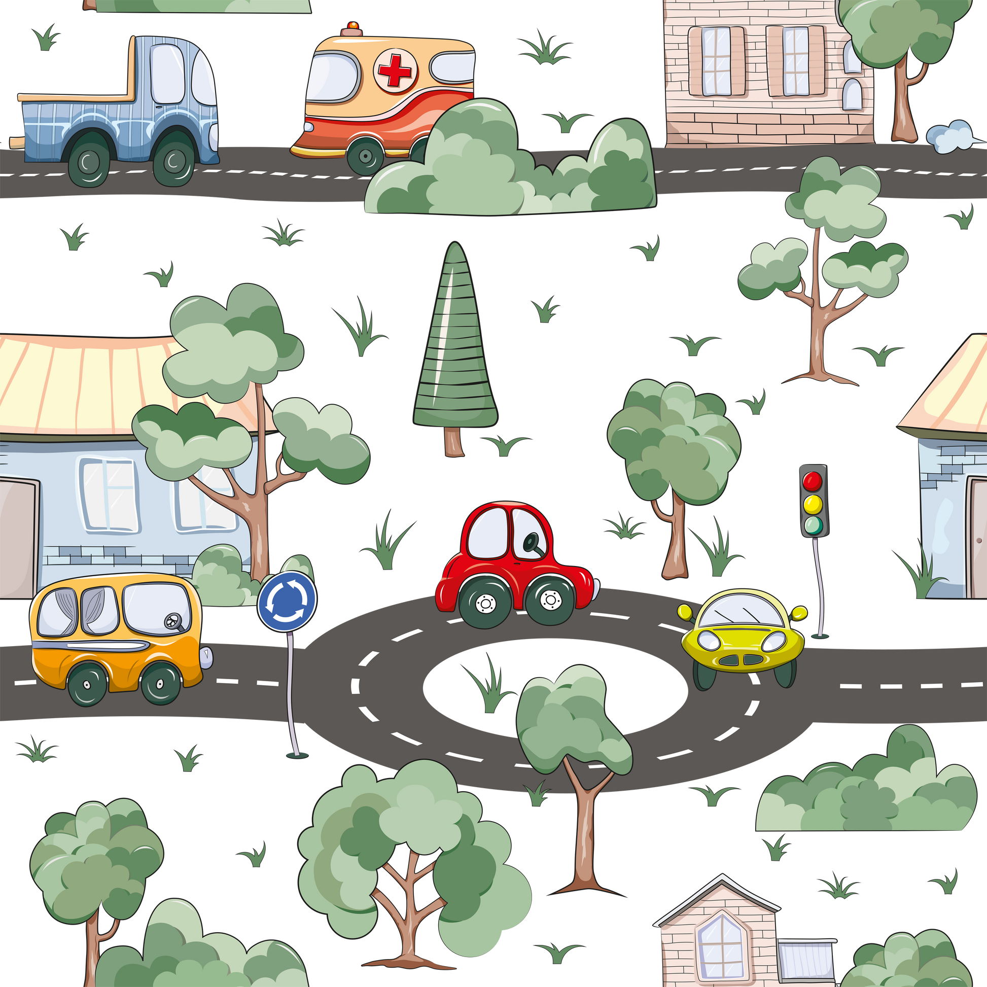 Illustration of a cartoon town with roads, cars, and traffic lights.