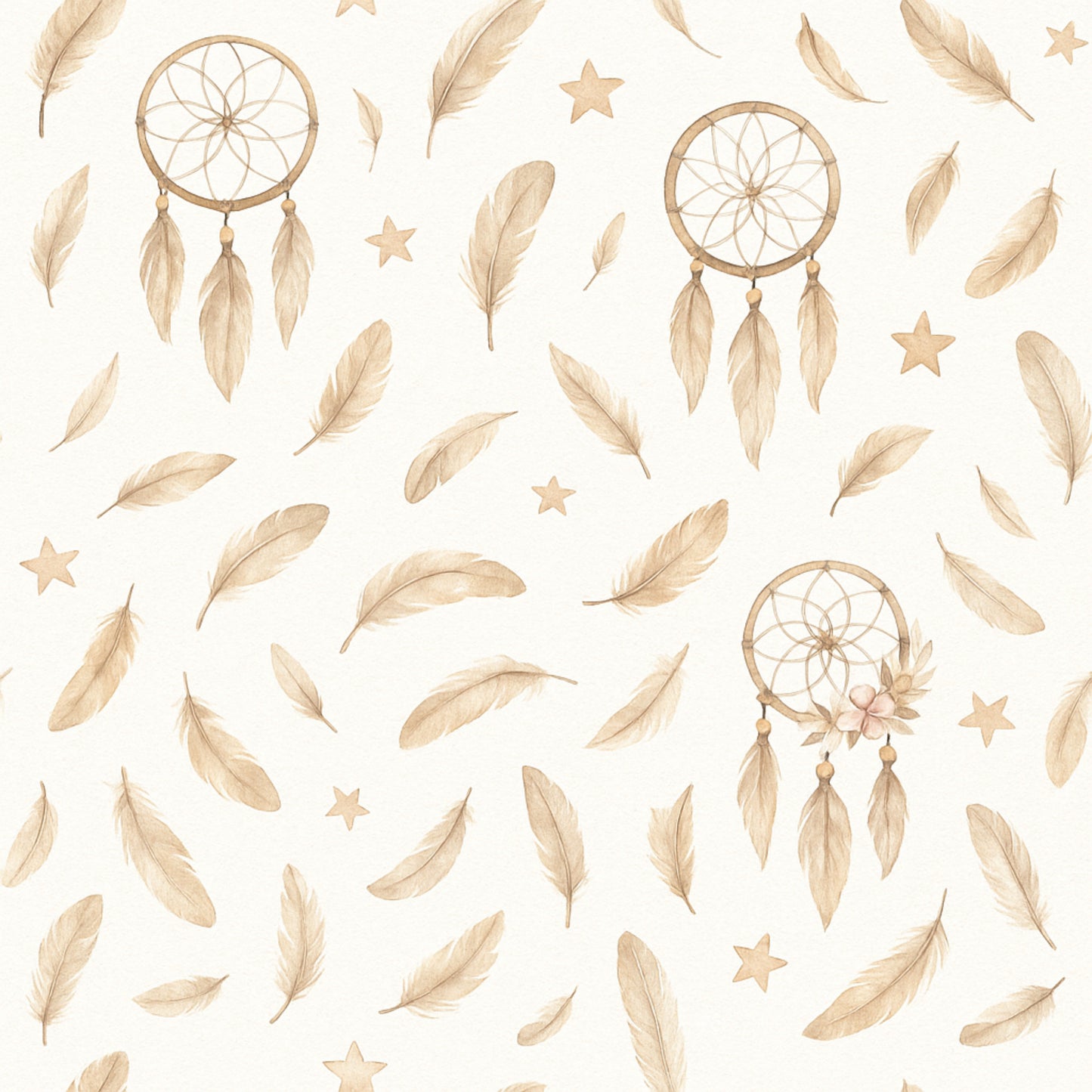 Pattern of beige dreamcatchers and feathers on an off white background