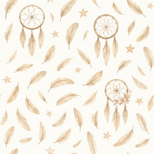 Pattern of beige dreamcatchers and feathers on an off white background