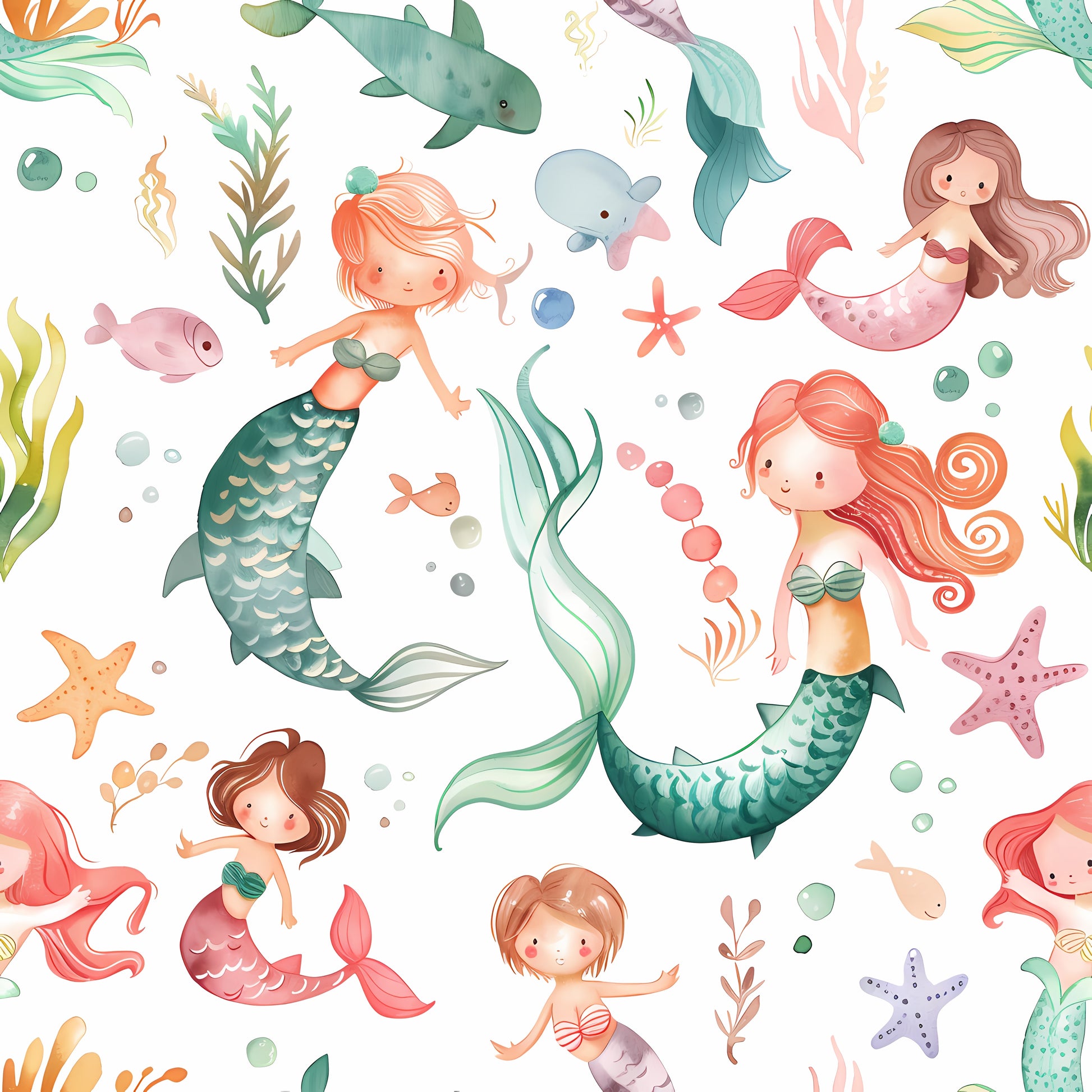 Pattern of mermaids and sea creatures on a white background