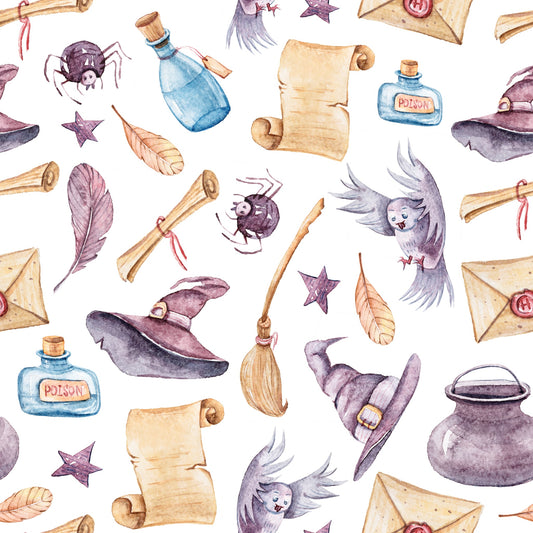 Magical themed pattern with witch hats, potions, brooms, and letters on a white background.