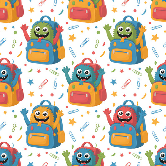 Pattern of colorful backpacks with cartoon monsters on a white background