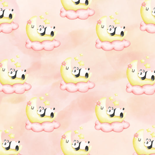 Pattern of cartoon pandas on crescent moons with clouds on a pink background