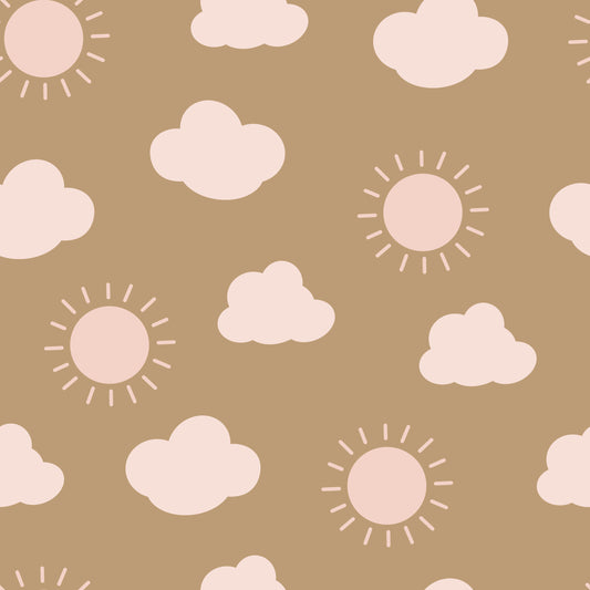 Pattern of suns and clouds on a brown beige background