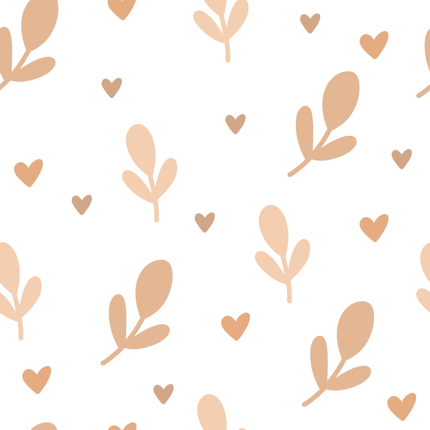 Pattern of beige leaves and hearts on a white background