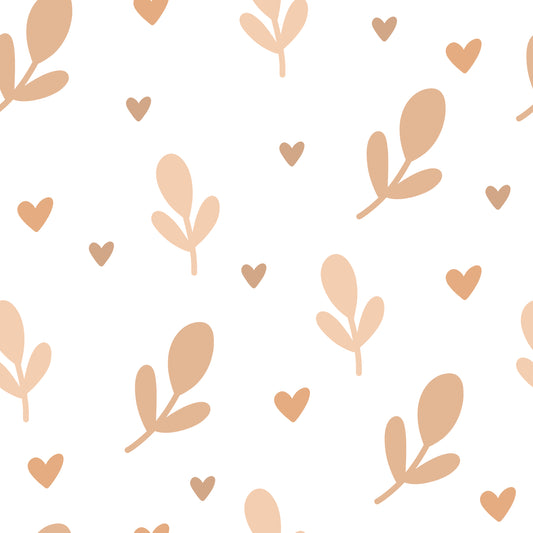 Pattern of beige leaves and hearts on a white background