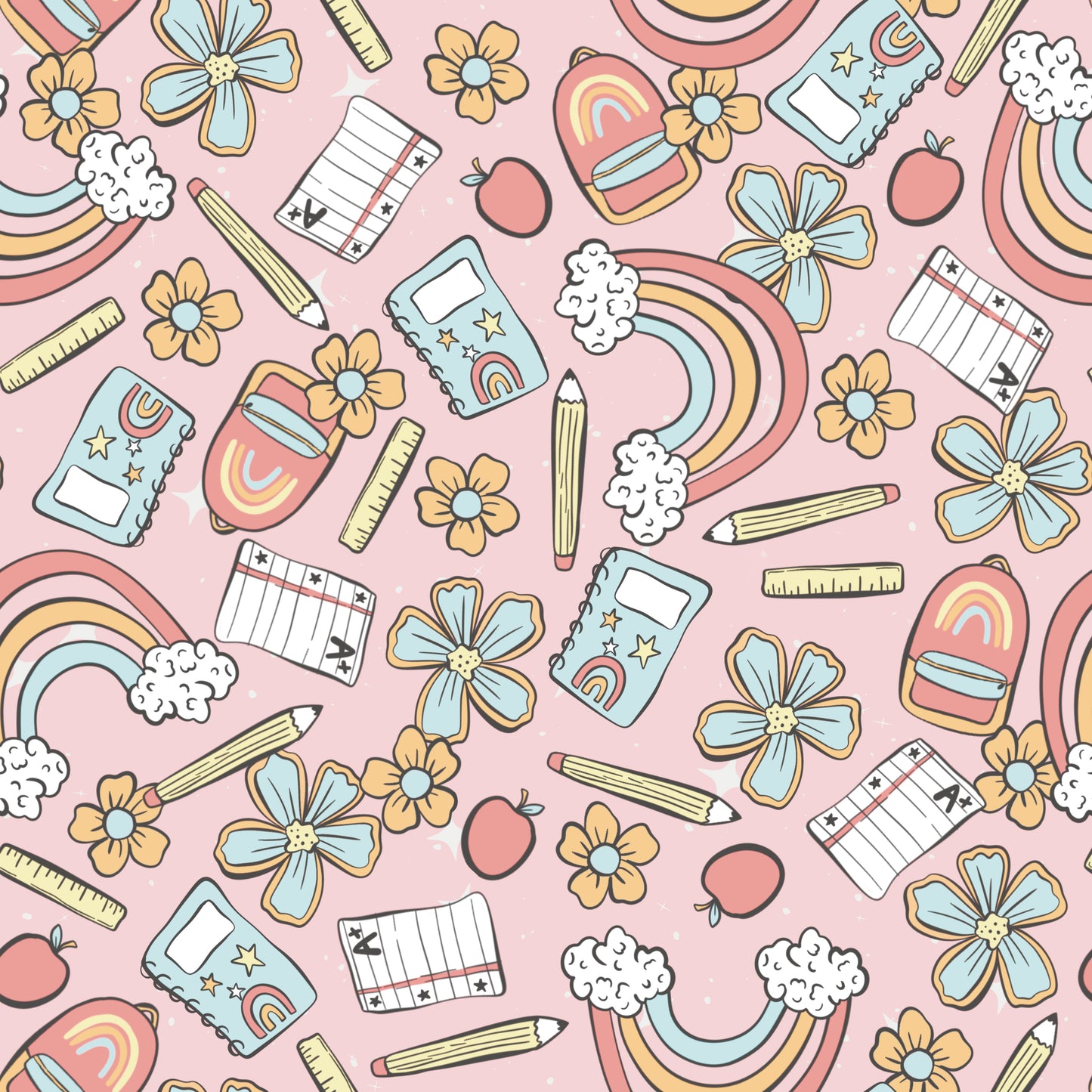 Pattern of school supplies including flowers, apples, and rainbows on a pink background.