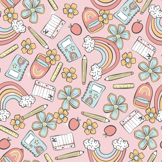Pattern of school supplies including flowers, apples, and rainbows on a pink background.